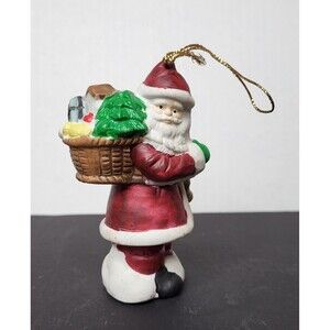 Santa Claus Ceramic 4" Hand Painted Christmas Ornament w/ Basket Of Toys Taiwan